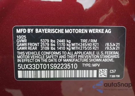 2026 BMW X4 xDrive30I z USA, uszkodzony, nr VIN 5UX33DT01S9223510